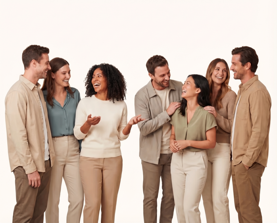 Grupo de personas riéndose y conversando sobre un fondo crema